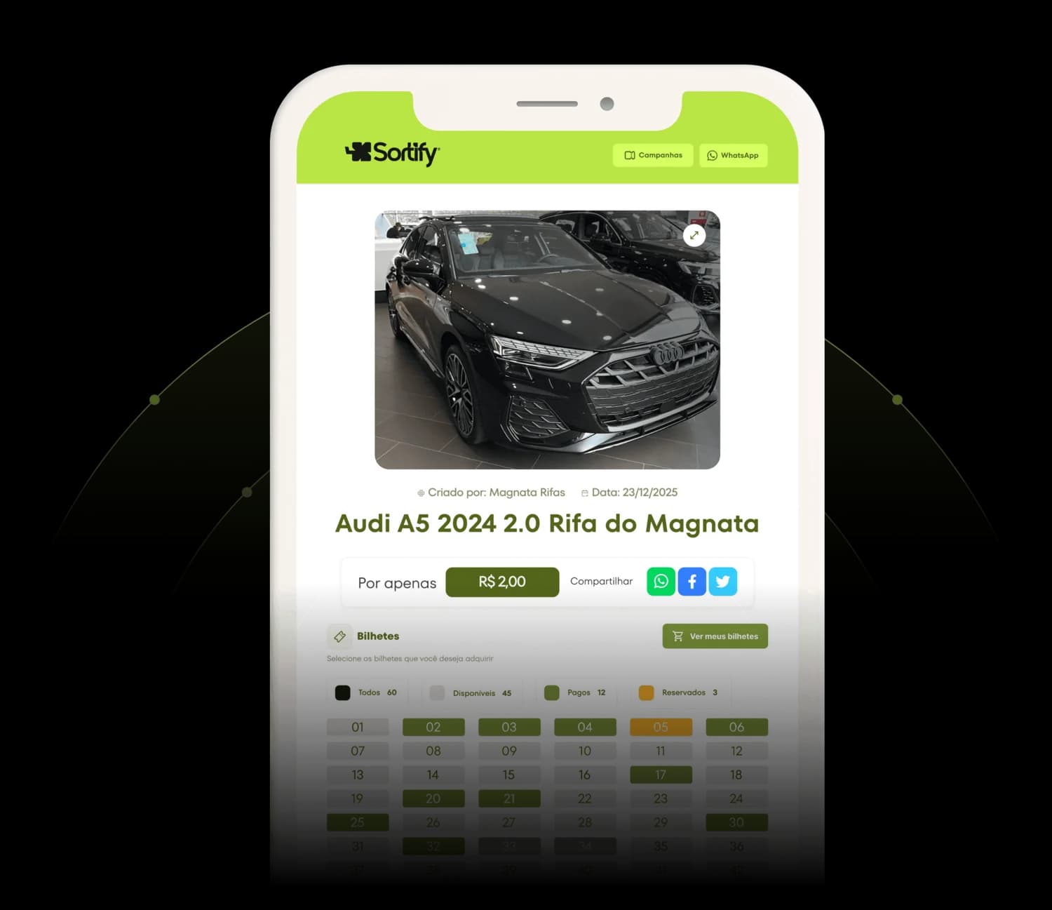 Página de rifa criada com a Sortify aberta em um celular, mostrando prêmio, preço do bilhete e seleção de números